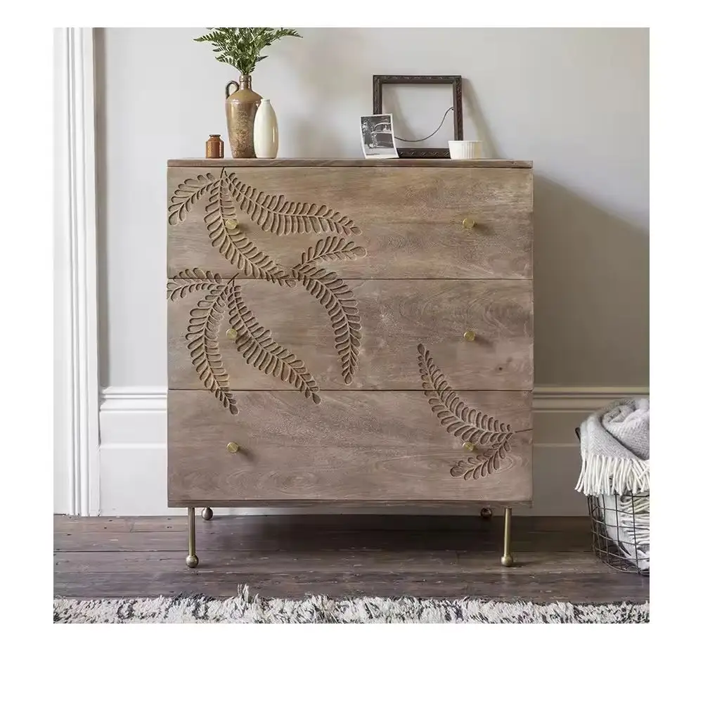 Top seller Hand Carved Fern Chest Of 3 Drawers | Handmade indian Custom solid wooden Bedroom Living Room Dresser furniture