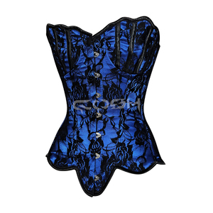 Corset Overbust Gothique Burlesque en Satin Bleu et Résille Noire avec Baleines en Acier, Vêtement de Mode pour Courbes, Fournisseur - Product Image 6