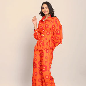 Pantalon décontracté imprimé floral orange pour femmes filles longueur au sol vêtements d'été 2 poches pleine ceinture élastique bouton tissé naturel bas - Product Image 2