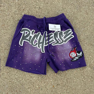 Custom <b>Men's</b> Acid Wash <b>Shorts</b> Vintage Custom Design Heavy Cotton Puff Printed Distressed Rhinestone Styles <b>Fleece</b> <b>Shorts</b> - Product Image 3