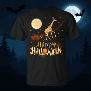 Camiseta de Halloween con diseño de jirafa montada en una bruja con escopeta, unisex para adultos, negra, 100% algodón, divertida camiseta para fiestas de disfraces - Product Image 3
