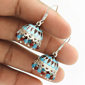 Boucles d'oreilles Jhumka bohème de Style indien traditionnel Boucles d'oreilles en argent sterling 925 grenat turquoise incrusté de topaze bleue Boucles d'oreilles multi-pierres OEM - Product Image 4
