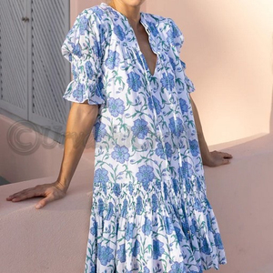 ทําจากผ้าฝ้ายน้ําหนักเบาvoileพิมพ์มือบล็อกตกแต่งsmockingรอบกระโปรงครึ่งแขนพร้อมรายละเอียดนัวเนีย - Product Image 1