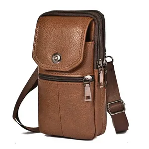 Genuine Leather Men's Messenger Bag Mobile Phone Pouch Men Wallet Small Travel Waist Bag Male Multi-Pockets Chest Bag