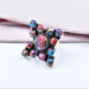 Beautiful Boho Style Cluster <b>Ring</b> Handmade Pink Dahlia Turquoise Sterling Silver for Women for Wedding or Gift - Product Image 1