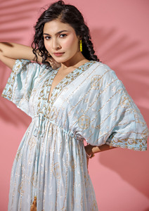 ชุดเดรสแขนสั้นคอวีพิมพ์ลาย lurex ชุดปาร์ตี้ยาวหรูหราน้ำหนักเบา - Product Image 6