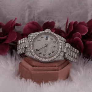 นาฬิกาอะนาล็อกสแตนเลส20มม. ทำด้วยมือสีขาวทองสีเหลืองทองหมายเลขอาหรับสไตล์ฮิปฮอปโมอิสซาไนต์เต็มรูปแบบ - Product Image 1