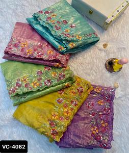 Indian Ethnic Wear Fancy Thread Sequence Work Sari con satén Banglory Blusa con blusa de trabajo completamente bordada para mujer - Product Image 1