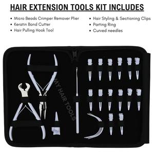 Ensemble d'outils pour extensions de cheveux comprenant un séparateur de cheveux, un micro-crimpeur, un coupe-fusion, des aiguilles courbées, un crochet et 14 pinces à cheveux - Product Image 2