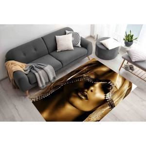 Tapis en laine motif portrait de femme dorée, design patchwork imprimé, luxe traditionnel, décoration de bureau, support en latex écologique, poils doux - Product Image 4