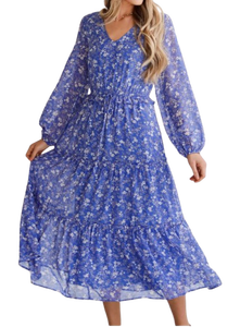 Vêtements pour femmes de qualité supérieure Robe mi-longue à fleurs bleues pour des options décontractées et de fête Vêtements de mode uniques disponibles - Product Image 5