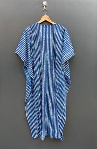 Caftán con estampado de bloque de mano a rayas índigo para mujer, vestido de verano de algodón ligero, Vestido largo de playa y ropa de dormir - Product Image 5