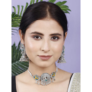 GS Peacock <b>Choker</b> with Zircon Yellow Green Flower Print for Party Occasions - Product Image 2