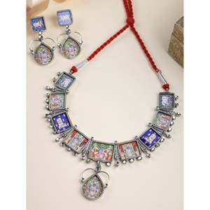 92.5 Sterling <b>Silver</b> Women's Hastakala Pichwai Handpainted Fine Jewelry <b>Set</b> for Religious Ceremonies Includes <b>Necklace</b> Earrings - Product Image 1