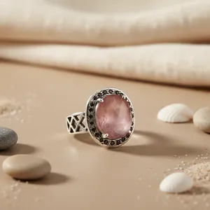 Bague de cocktail ovale en argent 925 pour femme, sertie de quartz, style géométrique vintage, pour mariage - Product Image 1