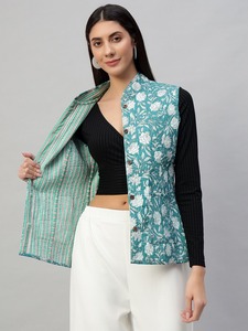 Femmes beau coton indien main bloc imprimé Kantha vestes Designer réversible demi manches matelassé hiver automne Floral - Product Image 5