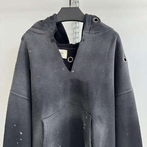 Ropa de calle de alta calidad, Vintage, rasgado, con cuello en V, en blanco, hombros caídos, tejido sólido, lavado ácido, sudaderas con capucha regulares desgastadas, Unisex - Product Image 5