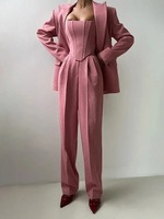 Set celana Blazer Fishbone, 3 buah untuk wanita, jaket satu kancing Solid, atasan Crop pinggang tinggi, celana saku 2025, Set kantor