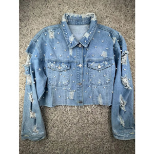High Quality Women Washed Winter Autumn Spring <b>Jean</b> Jacket Blue Light Wash <b>Jeans</b> Pearl Studded Jacket for Ladies - Product Image 1