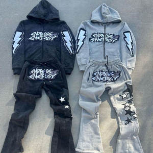 Ensemble de survêtement en molleton respirant pour homme, deux pièces, sweat à capuche avec fermeture éclair intégrale et pantalon évasé, molleton 100% coton, jogging tendance - Product Image 1