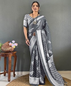 FANTAISIE MOSS SILK IMPRIMÉ TRAVAIL PRÊT À PORTER SAREE AVEC CHEMISIER NON COUCHÉ VÊTEMENT FESTIF PRIX DE GROS VÊTEMENT ETHNIQUE NOIR - Product Image 2