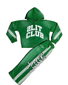 Breathable Custom Logo Distressed Zip Hoodie Pants Faded Tracksuit Pink Puff Printed Rhinestone Embroidery <b>Hip</b> Hop Style Winter - Product Image 1