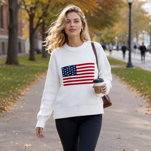 Maglione da Donna <span class=keywords><strong>in</strong></span> Cotone 100% Morbido con Bandiera USA, Pullover Intarsiato Lavorato a <span class=keywords><strong>Maglia</strong></span>, Invernale e Primaverile, Alta Qualità OEM - Product Image 4