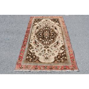 Traditional Beige <b>Brown</b> <b>Wool</b> Rug 3.9 X 6.6 ft Handmade Classic Turkish Patchwork Design Rectangle Hallway Latex for Bedside 4m - Product Image 1