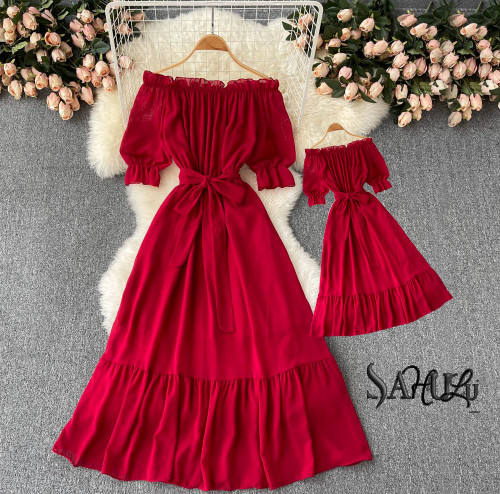 Sahulu Fashion - Mother And Baby Red Dress Off Shoulder Dress Best Material Export From Vietnam 