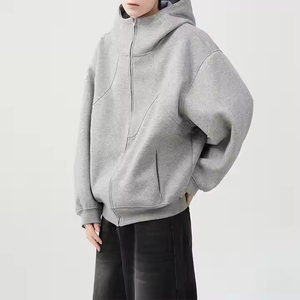 Customized logo Grey Stitching Zipper Hoodie Side Pocket New Design French Terry Hoodie Heavyweight Long Sleeve Windproof Hoodie - Product Image 4