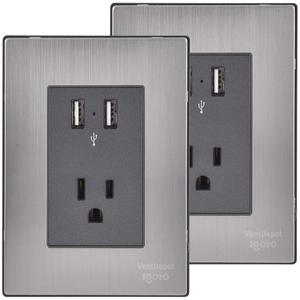 Placca per presa a muro, MXIXO-002, 2 pezzi, USBx2/Presa, 110/125-250VAC, 15A, 50/60Hz, 5VDC, 2.1A, Argento/Oxford, Acciaio Inossidabile - Product Image 1