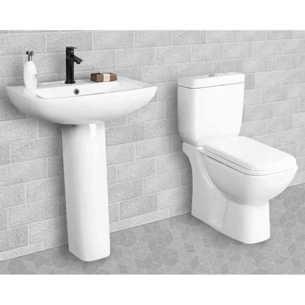 Indian Washdown forma cuadrada de dos piezas inodoro italiano inodoro sartén con el mismo diseño lavabo Pedestal Set