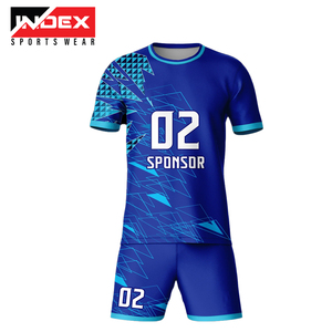 Ensemble de maillots de volley INDEX bleu à imprimé géométrique sublimé, col rond, manches courtes, évacuation de l'humidité, unisexe adulte - Product Image 1