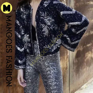 Women's Vintage Embroidered <b>Sequin</b> Quilted <b>Jacket</b> Long Sleeves Short Winter Breathable Fashion Shiny Customized Color Canvas - Product Image 6