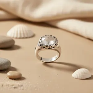 "Boho Romantic Rhodium-Plated Natural Stone Marquise Bezel-<b>Set</b> Statement <b>Ring</b> <b>for</b> <b>Women</b>" - Product Image 1