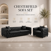 Chesterfield Sofa-Set Schwarzes PU-Leder Stoffbezogen Gestepptes Design Ausziehbarer Holzrahmen Wohnzimmermöbel Moderner Stil Apartment