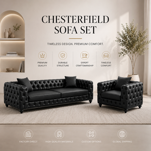 Chesterfield <b>Sofa</b> Set Black PU Leather fabric Tufted Design Living Room Furniture Traditional Style Rolled Arms Wood <b>Legs</b> - Product Image 1