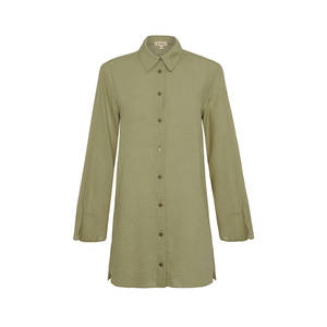 Chemise à volants en lin kaki pour femmes, chemise décontractée à boutons pour le bureau - Product Image 1