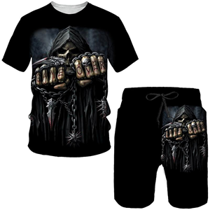Novedad gótica calavera 3D estampado camiseta/traje verano hombres Cool estilo Punk camisetas + Pantalones cortos conjunto personalidad Hip Hop Streetwear chándal - Product Image 4