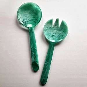 2 Piece Marbled Resin Salad Server Set oyster Swirl Set Made in India Includes <b>Wooden</b> Salad Server Set - Product Image 2