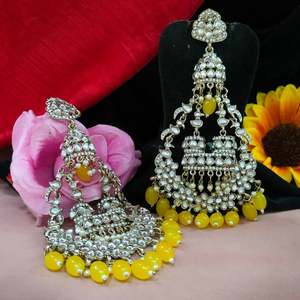 Stunning <b>Long</b> Sized Kundan Dangle <b>Earrings</b> Gold Tone Frame with Rich Arrangement of Glass Stones Graceful Hanging Colorful Beads - Product Image 2