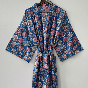 เสื้อคลุมอาบน้ำสไตล์โบฮีเมียนทำจากผ้าฝ้าย100% ชุดคลุมลายดอกไม้สีชมพูสีฟ้าหรูหราน้ำหนักเบาชุดของขวัญสำหรับคริสต์มาส - Product Image 1