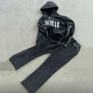 Expu Acid <b>Washed</b> Streetwear Hoodie Set Printed Zipper Sweat Suits Flared Sweatpants Plus Size Distress Patch Comfortable - Product Image 2