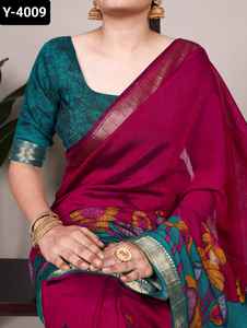 Ropa informal y de Festival india, Sari de material Chanderi de poliéster y viscosa con estampado floral tradicional con trabajo de tejido Zari - Product Image 5