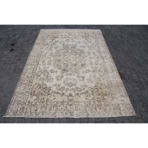 Vintage 7x10.2 ft Rug, Turkish Rug, <b>Brown</b> Striped <b>Wool</b> Rug - Product Image 1