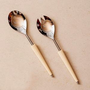 High Quality <b>Gold</b> Plated Spoons Salad Server Set Wooden Handle Serving Spoons Slotted Spoon Salad Server Set - Product Image 4