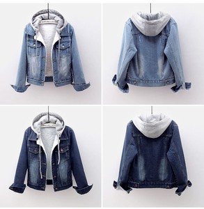 Venta al por mayor de pantalones vaqueros de mezclilla con capucha para mujer de invierno chaqueta con capucha Casual Jeans Slim Fit Blue Denim Plus Size VARSITY Chaquetas - Product Image 5