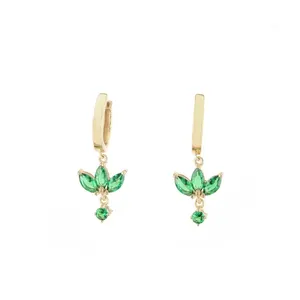 New Design 14k Solid Gold Natural Emerald Leaf Dangle Hoop Earrings Personalized Statement Earrings for Women