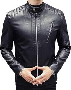 Chaqueta informal de piel sintética ajustada con cuello levantado para hombre, chaqueta de motociclista - Product Image 1