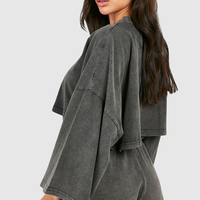 Top qualité personnalisé charbon de bois 2 pièces femmes Petite acide lavage Boxy Crop Shorts et survêtement ensemble femmes survêtement survêtement ensemble